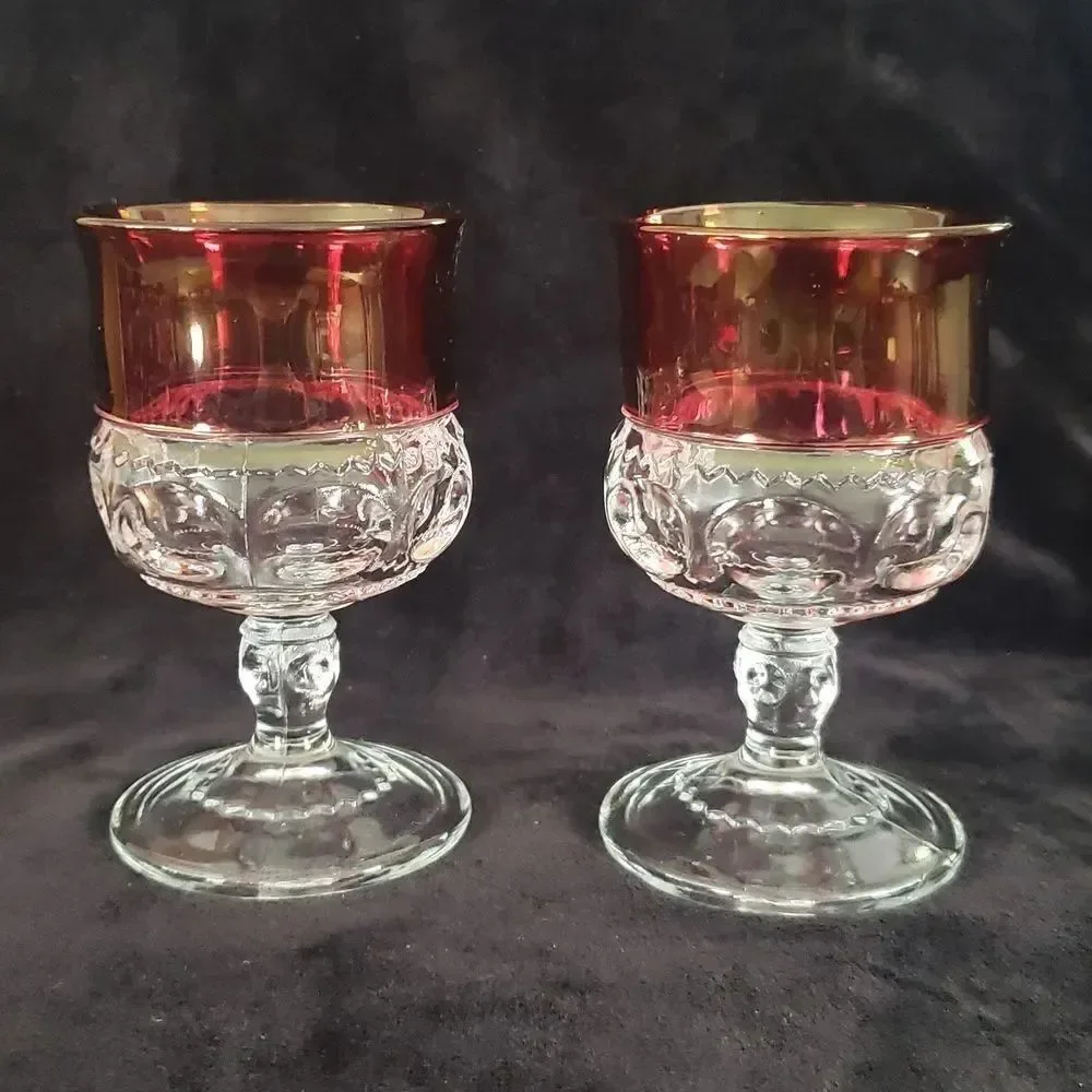 Vintage Set of 2 Small Kings Crown Ruby Red Wine Goblets